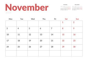Monthly page Calendar Planner Template of November 2025. Vector layout of calendar with week start Monday for Scheduling. Page for size A4 or 21x29.7 cm