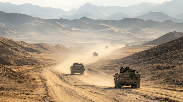 A convoy of military vehicles maneuvers along a dusty road in a rugged mountainous area, stirring up dust as they advance towards their destination in challenging terrain