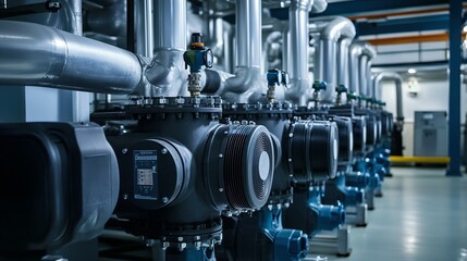 Obraz premium Industrial Machinery with Pipes and Valves in a Factory Setting
