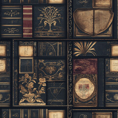 Vintage style pattern with antique book bindings on shelf - seamless pattern