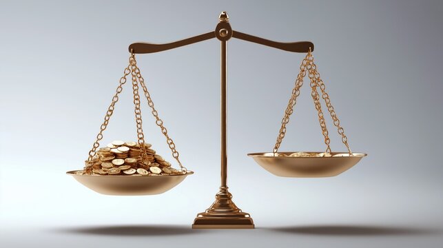 Wealth inequality represented by unbalanced scales showing gold on one side and few coins on the other