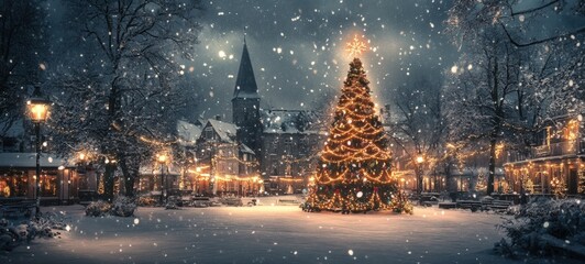 A snow-covered town square, with a grand Christmas tree adorned with lights and ribbons