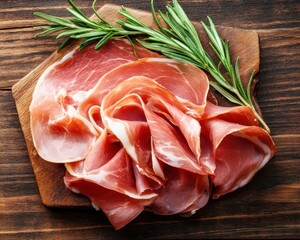 Fresh prosciutto on wooden background with rosemary
