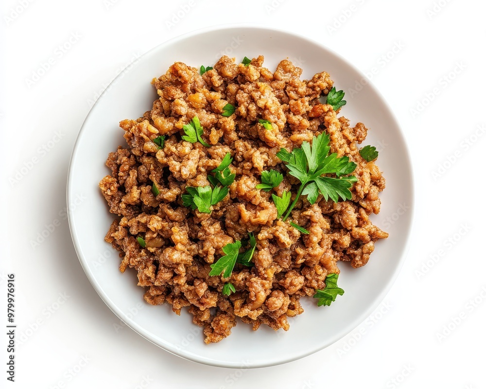 Sticker Fried minced meat on white plate from above