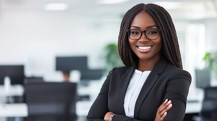 Obraz premium Young African Businesswoman in Black Suit Smiling Confidently in Bright Modern Office Setting