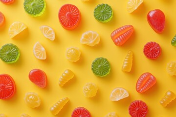 Fruity gummy candy poster template on yellow background Ideal for kids birthday parties