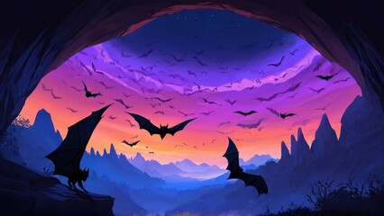 A dramatic sunset scene with a sky full of silhouetted bats flying over rugged mountains, creating a mystical and eerie atmosphere as the sun sets on the horizon.