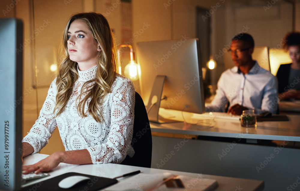 Poster business woman, serious and night with computer for management or review in web design studio. femal