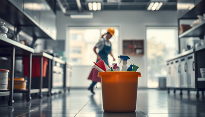 Professional janitors working in kitchen, focus on bucket with supplies. Cleaning service isolated with white highlights, png