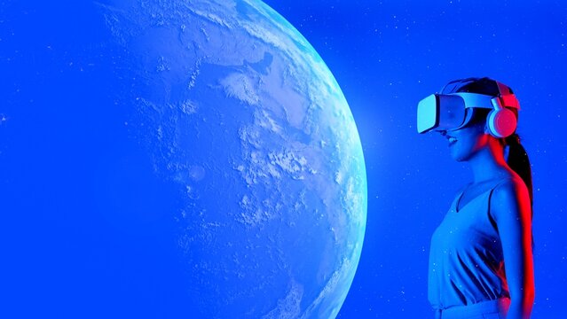 Woman in VR glasses looking rotating earth surface turning to metaverse world in future global innovation interface digital 3D infographic network technology visual hologram animation. Hallucination. - Powered by Adobe