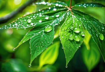 captivating water droplets glimmering lush green leaves surrounded bounty, drops, vibrant, nature, shine, fresh, leaf, botanical, flora, plant, moisture