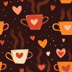 Brown cozy seamless pattern with coffee cups and hearts