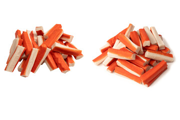 A group of crab sticks isolated on white background.