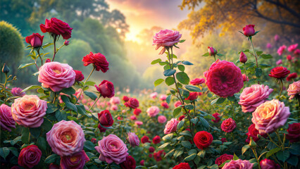 Fototapeta premium Vibrant rose garden in full bloom with red and pink roses against a picturesque sunset background, serene scene, copy space