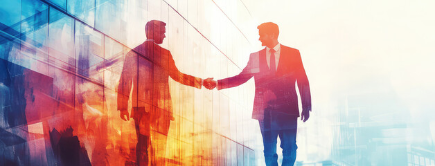 This image shows two businessmen shaking hands in front of a colorful, reflective glass wall, symbolizing successful negotiations, partnership, and professional achievement.