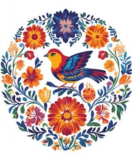 Obraz premium Vibrant Symmetrical Folk Art Pattern with Colorful Blooming Flowers