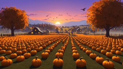 Fototapeta premium A serene pumpkin farm basking in the golden glow of sunset, with rows of pumpkins ready for harvest and a cozy barn surrounded by vibrant autumn foliage