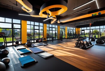 dynamic workout equipment vibrant fitness environment diverse exercise tools energetic atmosphere, yoga, pilates, cardio, strength, training, weights