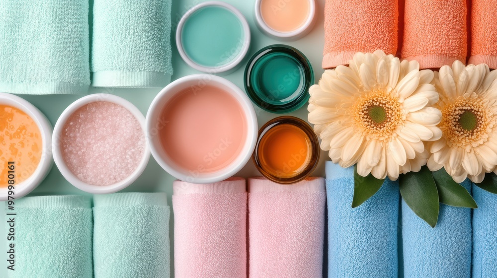 Poster A table with towels, soap and a flower on it, AI