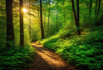 Obraz premium lush vibrant forest foliage illuminated soft sunlight creating breathtaking natural landscape, trees, greenery, leaves, nature, illumination, outdoor