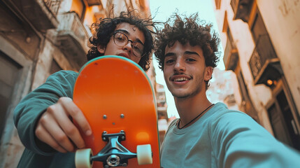 Urban Skateboarders. Two young skateboarders posing in a vibrant urban street with an orange skateboard.