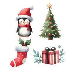 cute christmas illustration set penguin gift santa's sock tree. christmas watercolor illustration