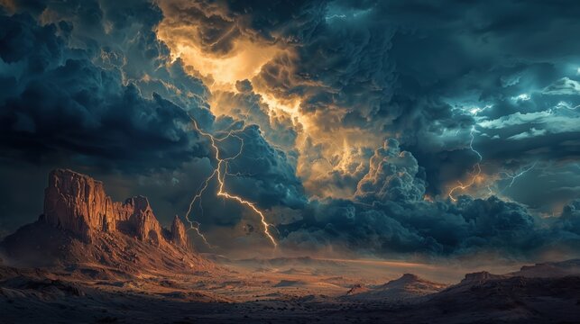 Dramatic thunderstorm rolls over desert landscape at dusk with dark clouds and striking lightning illuminating the sky