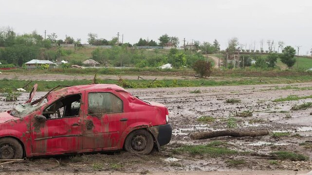 Car damaged by the flood caused by Storm Boris in Galati, Cudalbi, Romania in 2024