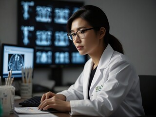 Asian female doctor checking medical reports . 