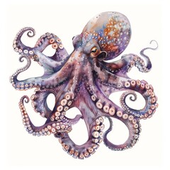 Obraz premium The vibrant octopus is illustrated in aquarelle style, showcasing its colorful patterns and tentacles as it moves gracefully through the ocean, reflecting the beauty of marine life