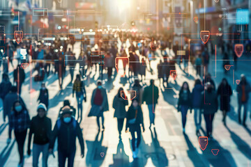 A busy city street with people walking and a sign that says Coo.b.d.t, generative ai image.,