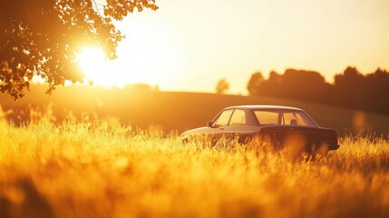 Fototapeta premium A car parked in a sunlit field during golden hour, with warm light creating a dreamy and peaceful atmosphere.