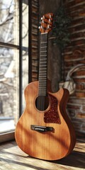 Fototapeta premium Wooden Acoustic Guitar with Six Strings and Knobs in Rustic Setting