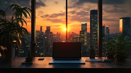 A modern home office setup with a laptop and plants