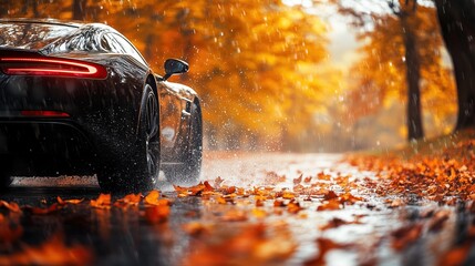 A sleek car drives through autumn leaves on a wet road