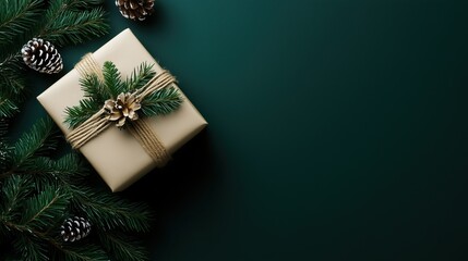 Beautifully wrapped Christmas gift with a fir branch decoration