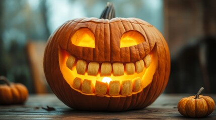 Fototapeta premium A brightly lit jack-o'-lantern with a wide, toothy grin sits on a rustic wooden table. Small pumpkins accompany it, creating a warm and inviting autumn atmosphere, perfect for Halloween celebrations.