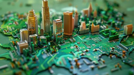 Obraz premium A futuristic city constructed on a computer motherboard, representing technology and innovation