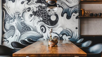 Modern Dining Area With Wave Mural and Wooden Table in a Restaurant