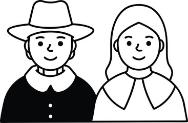 Pilgrim Couple Smiling Vector Illustration for Fun Kids Coloring Pages
