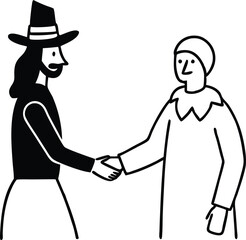 Pilgrim and Native American Shaking Hands Vector Image for Kids to Color

