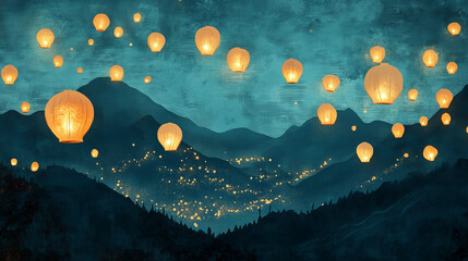 Floating Lanterns Lighting Up Night Sky Over Mountain Landscape