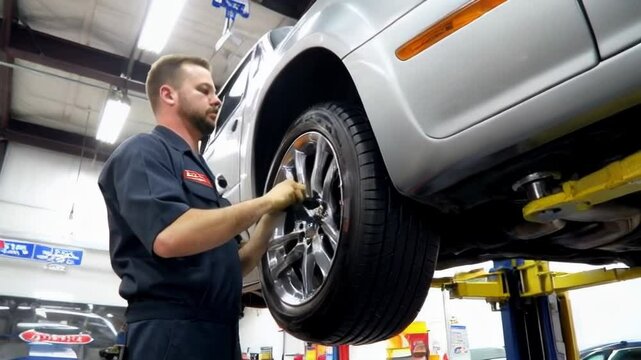 A man is working on a car tire. The tire is flat and the man is changing it
