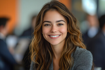 Fototapeta premium Portrait of a Smiling Woman with Long Brown Hair