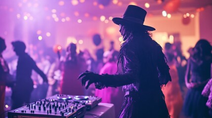 A DJ, dressed in a spooky costume, mixes music at a lively Halloween party filled with colorful lights and dancing guests
