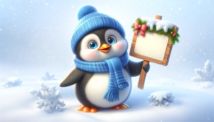 Cute penguin illustration in snowy landscape with scarf and wool hat, holding a copy space sign. Christmas Celebration Time