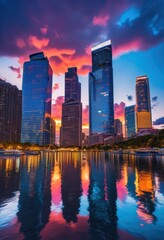 Fototapeta premium stunning vibrant city skylines dusk illuminated brilliant lights creating captivating urban landscape, buildings, architecture, night, illumination, horizon