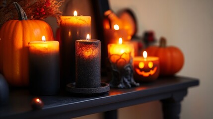 Multiple candles, some black and some orange, are lit on a table with a pumpkin. The table is dark, making the flames stand out.