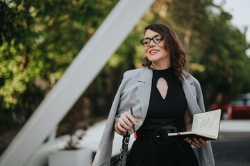 Confident businesswoman wearing glasses, holding a notebook and pen, smiling in an outdoor setting on a sunny day. Professional woman enjoying the outdoors.