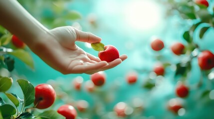 A hand reaching out to pick up an apple from a tree, AI